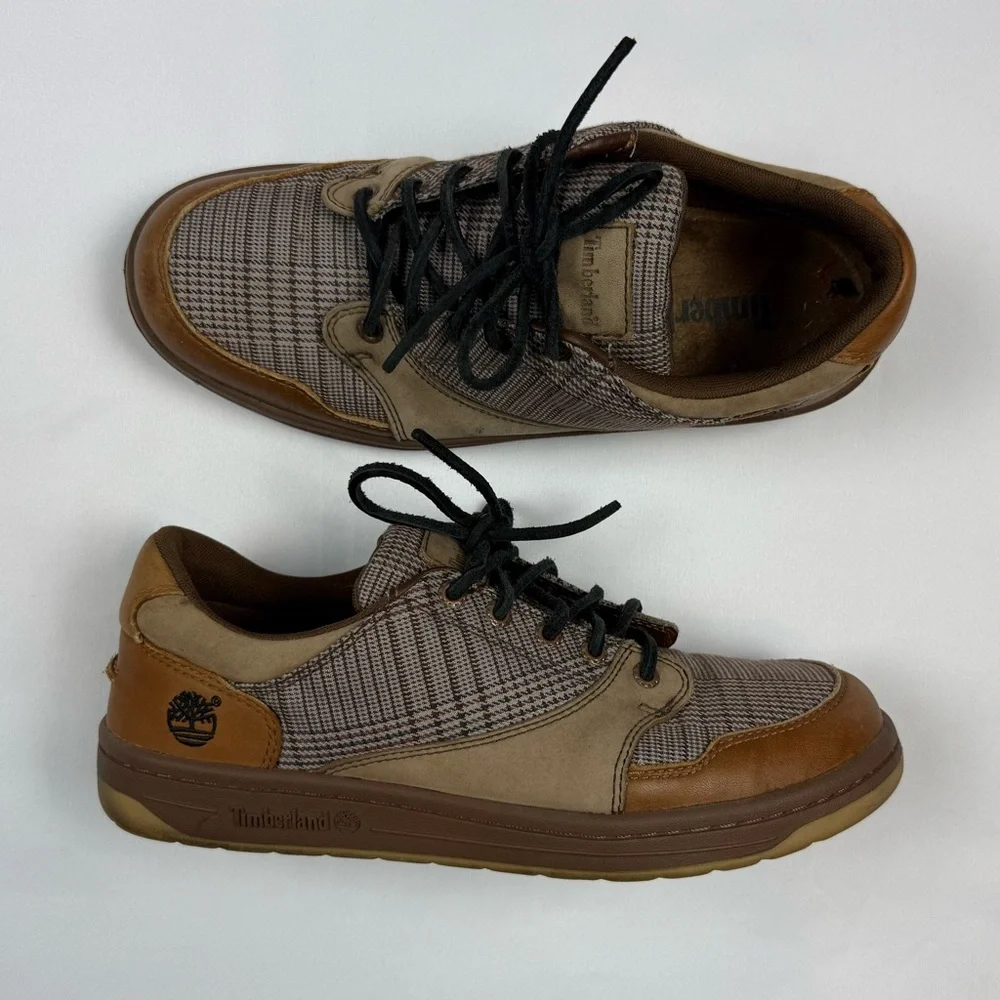 Vtg Timberland Mens Deck Shoes US 9 Leather/Canvas Plaid Brown